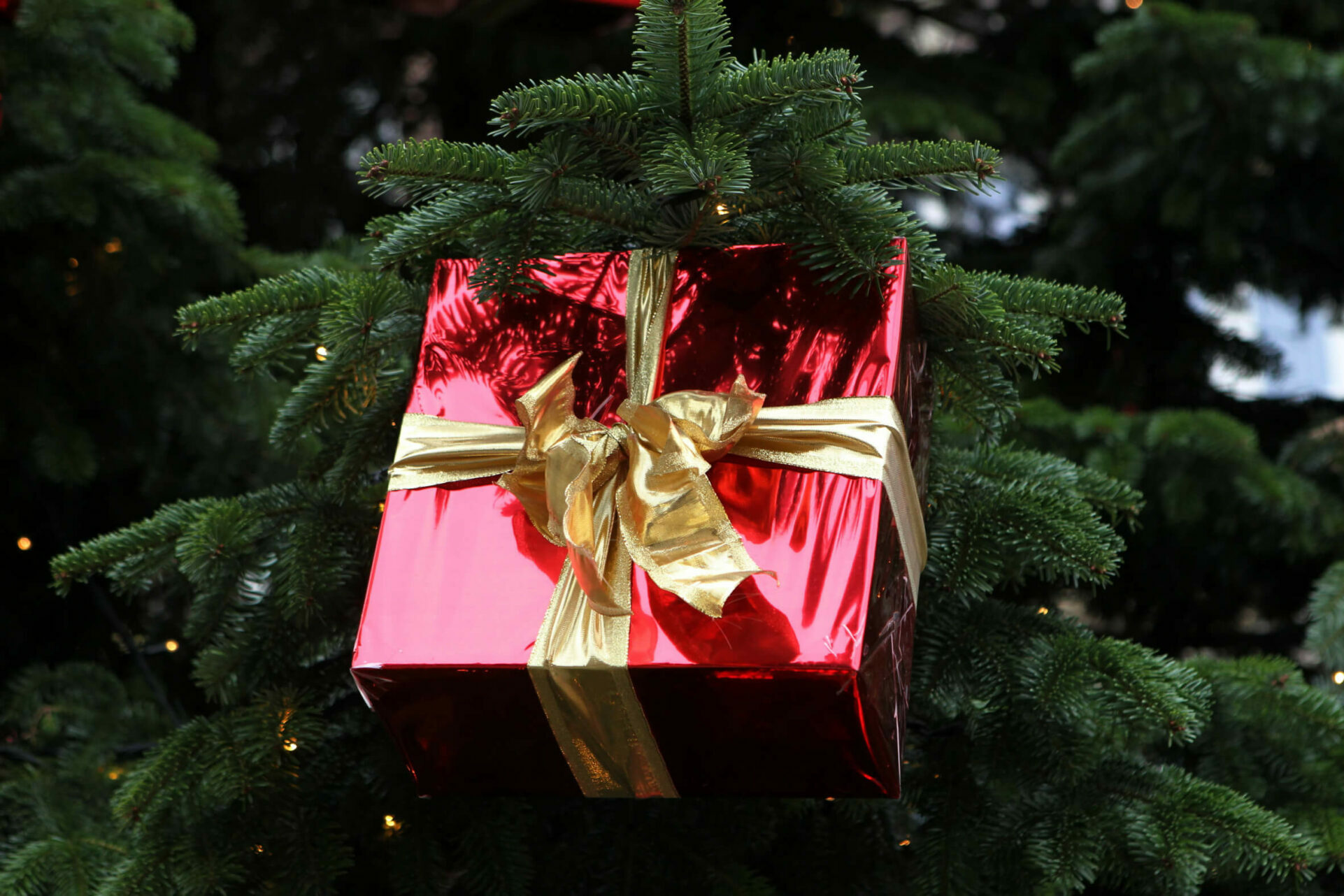 Weihnachtsbaum mit Geschenk als Anhänger